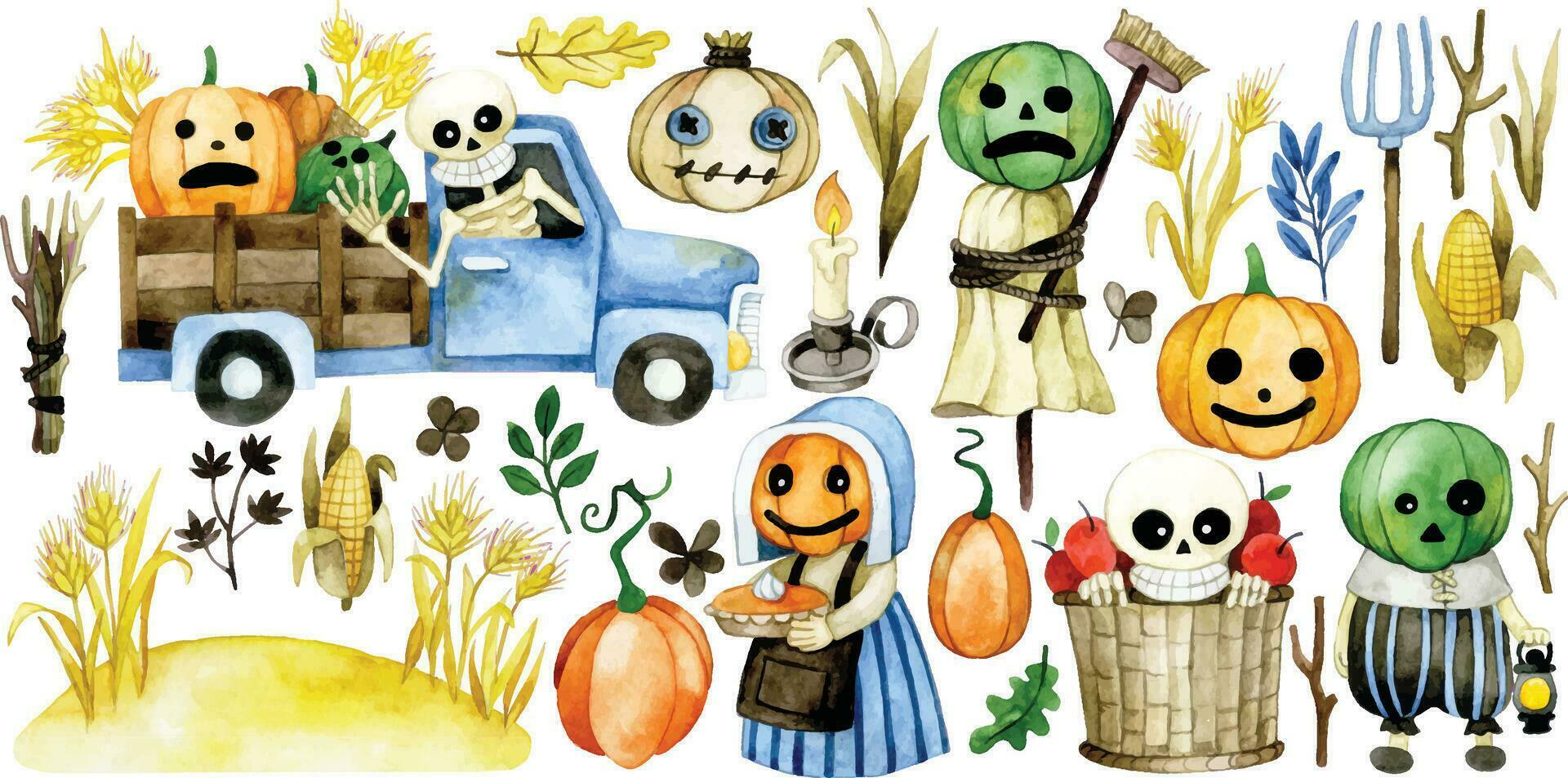 aquarelle dessin. ensemble de mignonne personnages et éléments pour Halloween. vacances décoration pour enfants, ancien style illustration vecteur