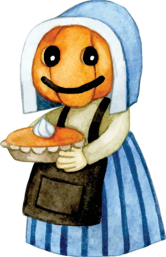 aquarelle mignonne dessin pour Halloween. personnage avec citrouille tête et citrouille tarte. ancien Fée dessin. vecteur