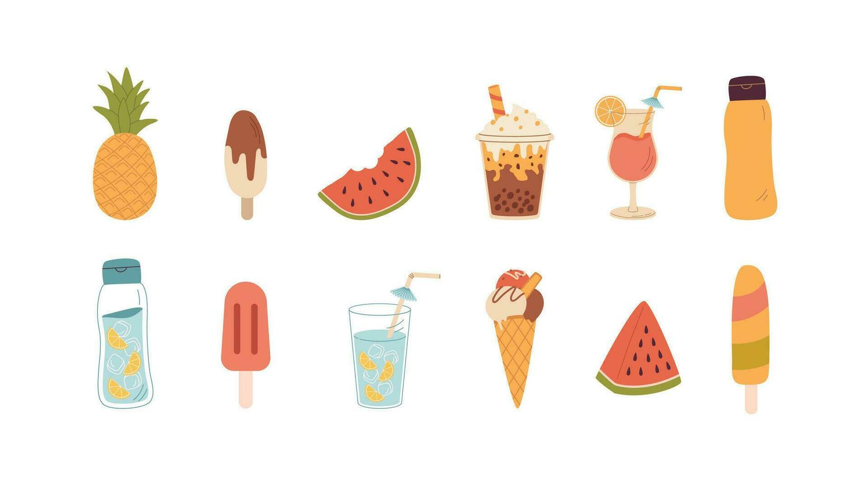 une ensemble de été boire, nourriture et fruit vecteur illustration. cocktail, la glace crème, eau, pastèque, ananas, latté, bulle Lait thé.