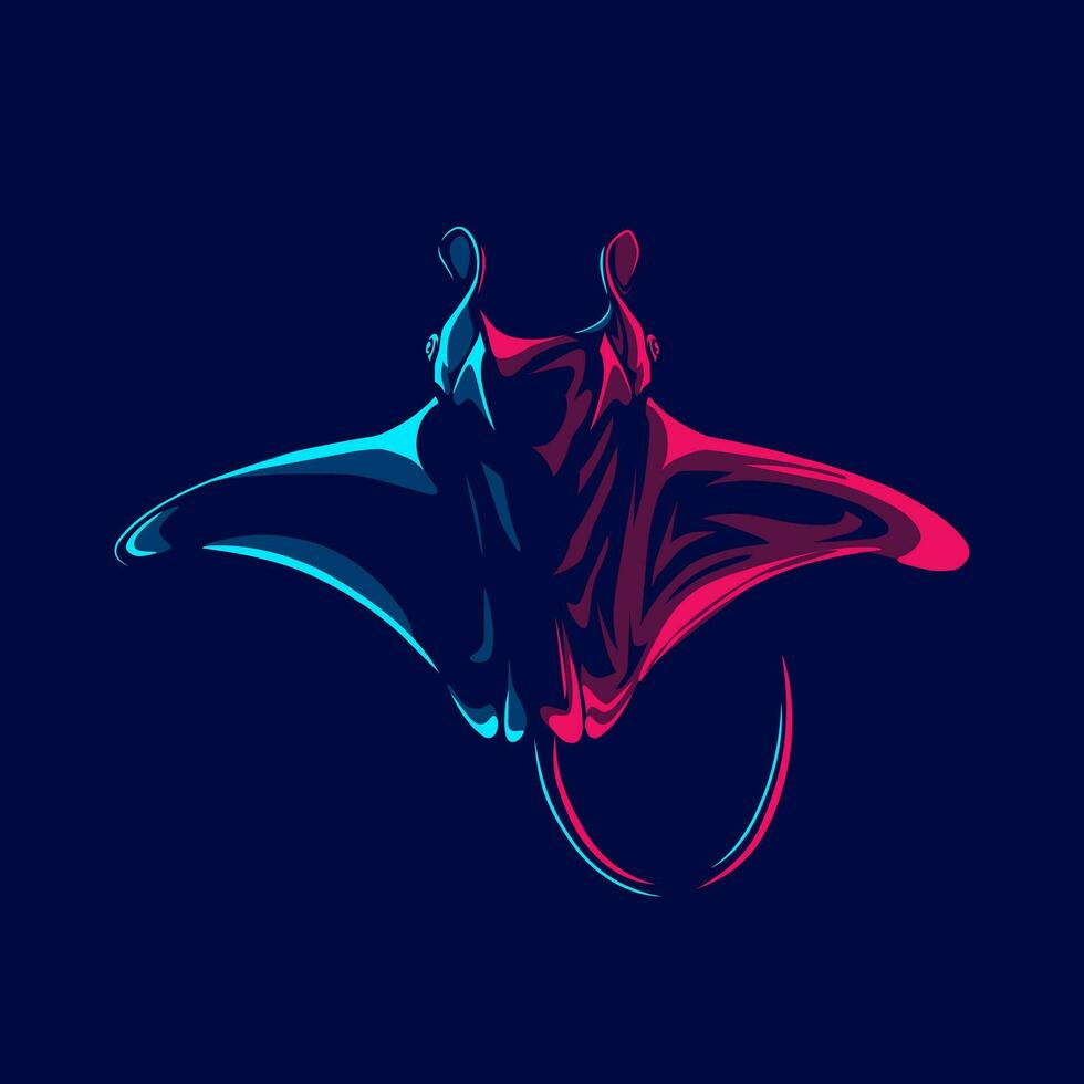 manta rayon logo avec coloré néon ligne art conception avec foncé Contexte. abstrait sous-marin animal vecteur illustration.