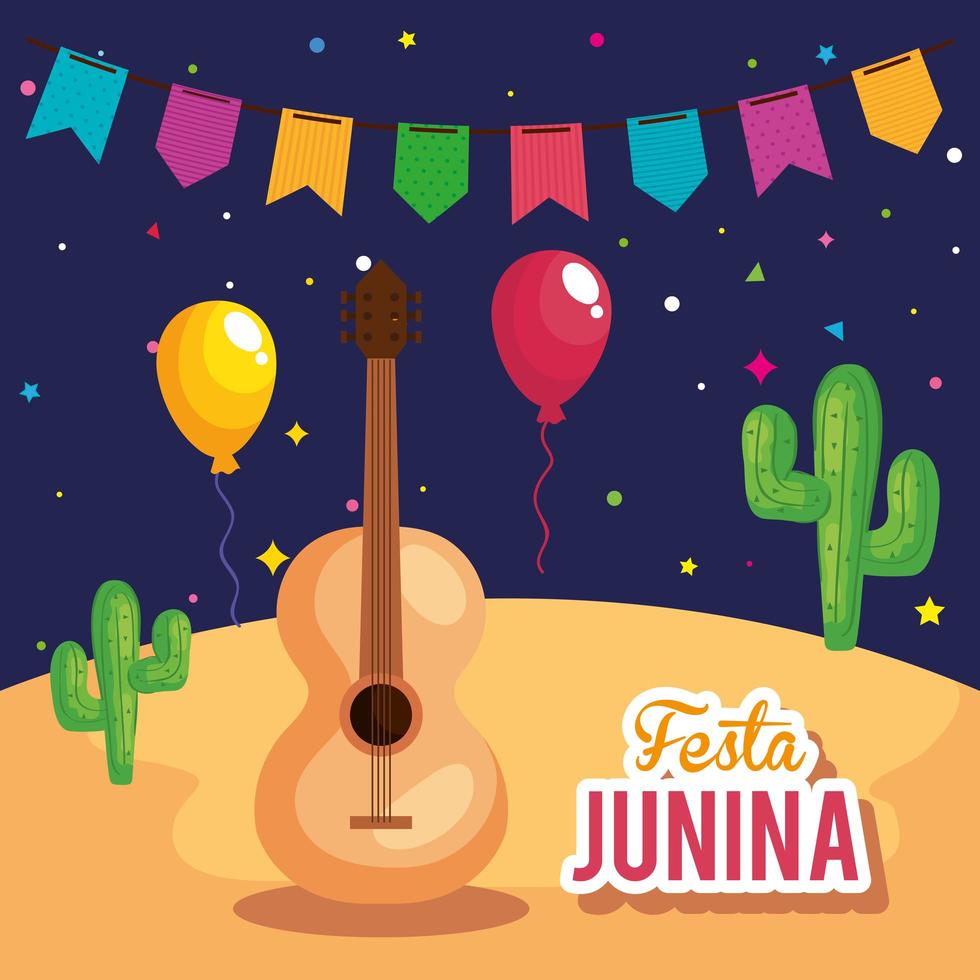 affiche festa junina avec guitare et icônes traditionnelles vecteur