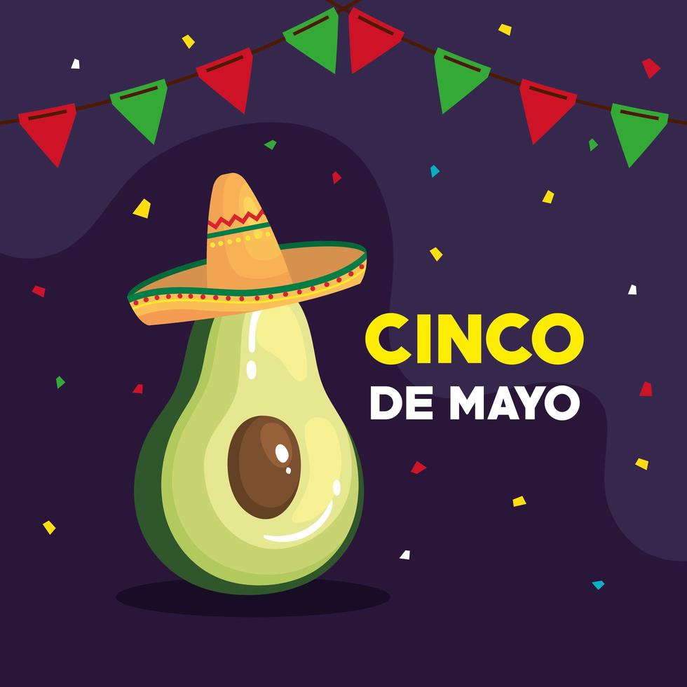 affiche cinco de mayo avec avocat et décoration vecteur