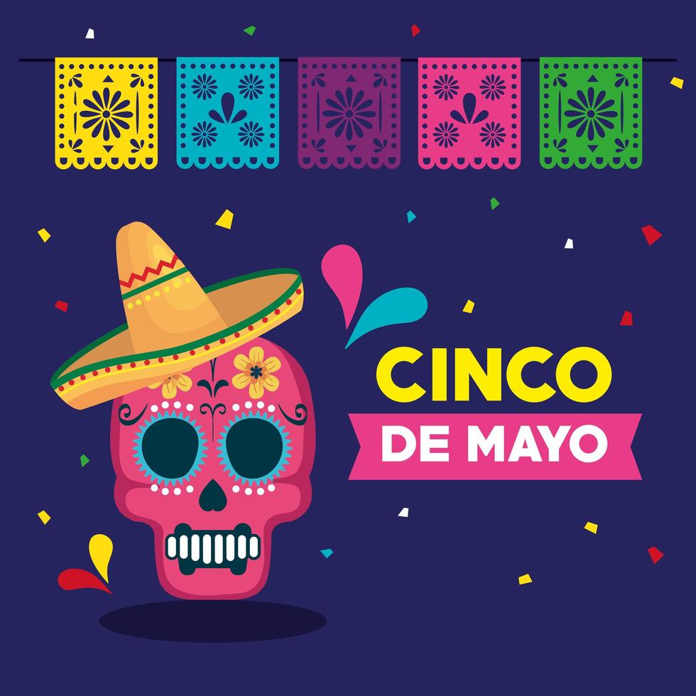 affiche de cinco de mayo avec crâne et décoration vecteur