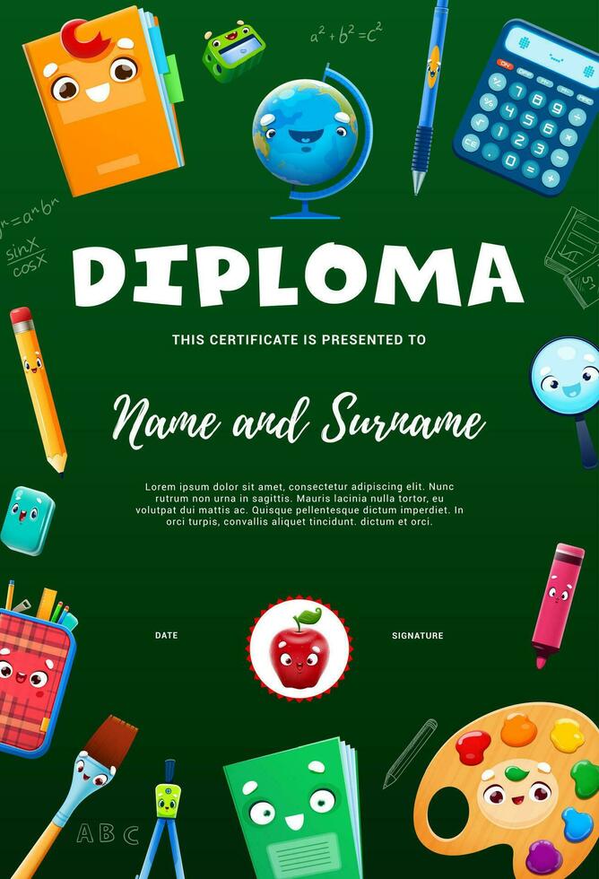 des gamins diplôme avec dessin animé école la fourniture personnages vecteur