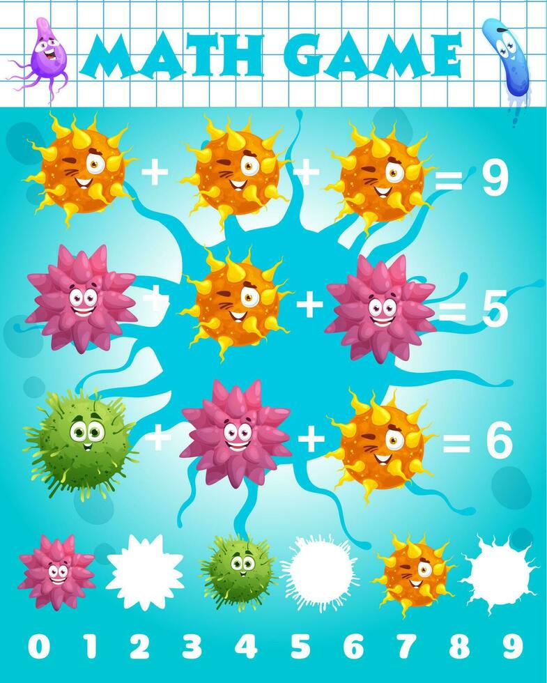 virus de dessin animé et personnages de microbes, jeu de mathématiques vecteur