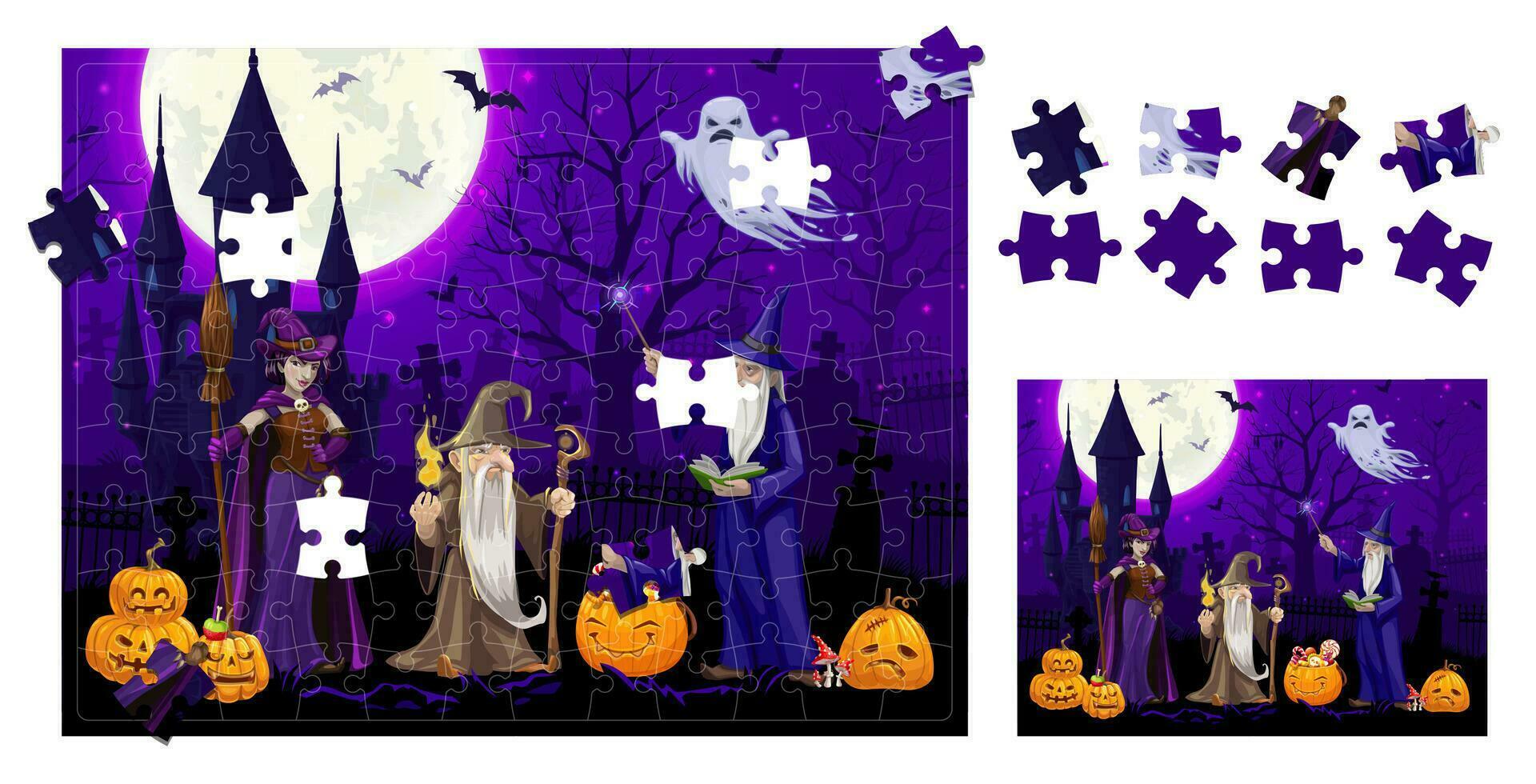 Halloween scie sauteuse puzzle avec sorcier et sorcière vecteur