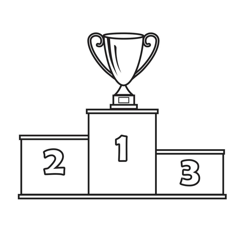podium pour gagnants avec une tasse, fermer, isolé sur une blanc arrière-plan, vecteur illustration, contour, griffonnage style