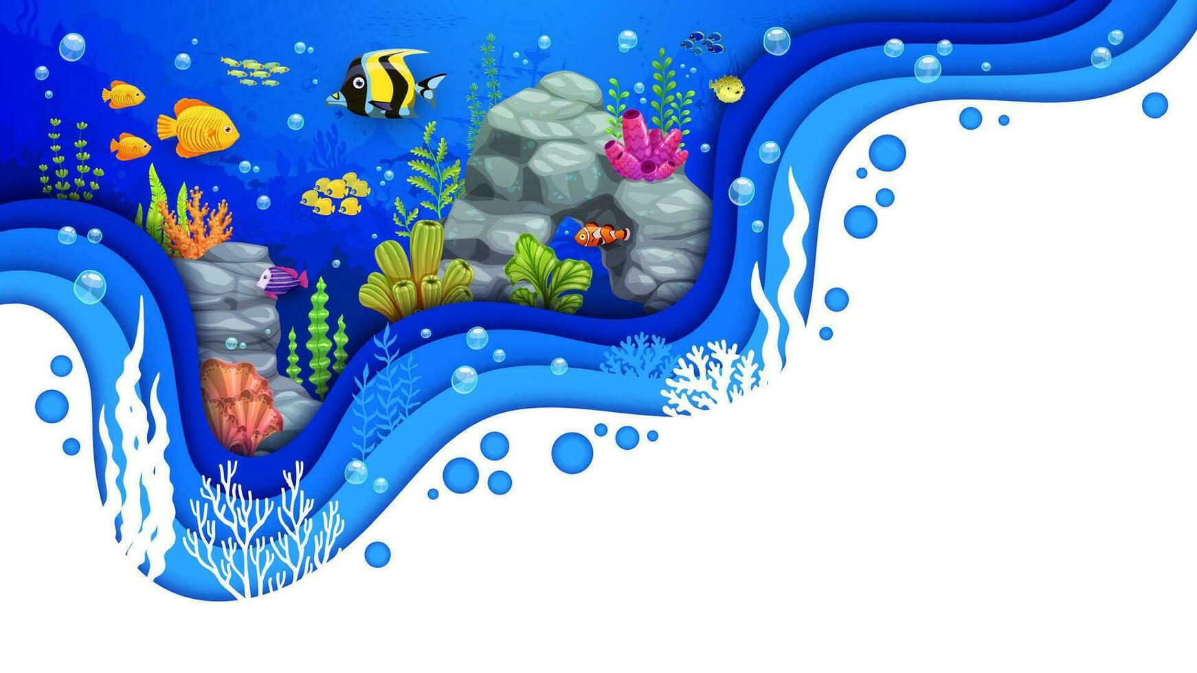 dessin animé tropical poisson haut-fond et algues papier Couper vecteur