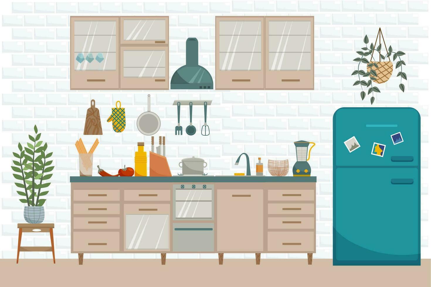 vecteur plat intérieur de cuisine. meubles tel comme poêle, armoire, vaisselle et frigo dans moderne style.