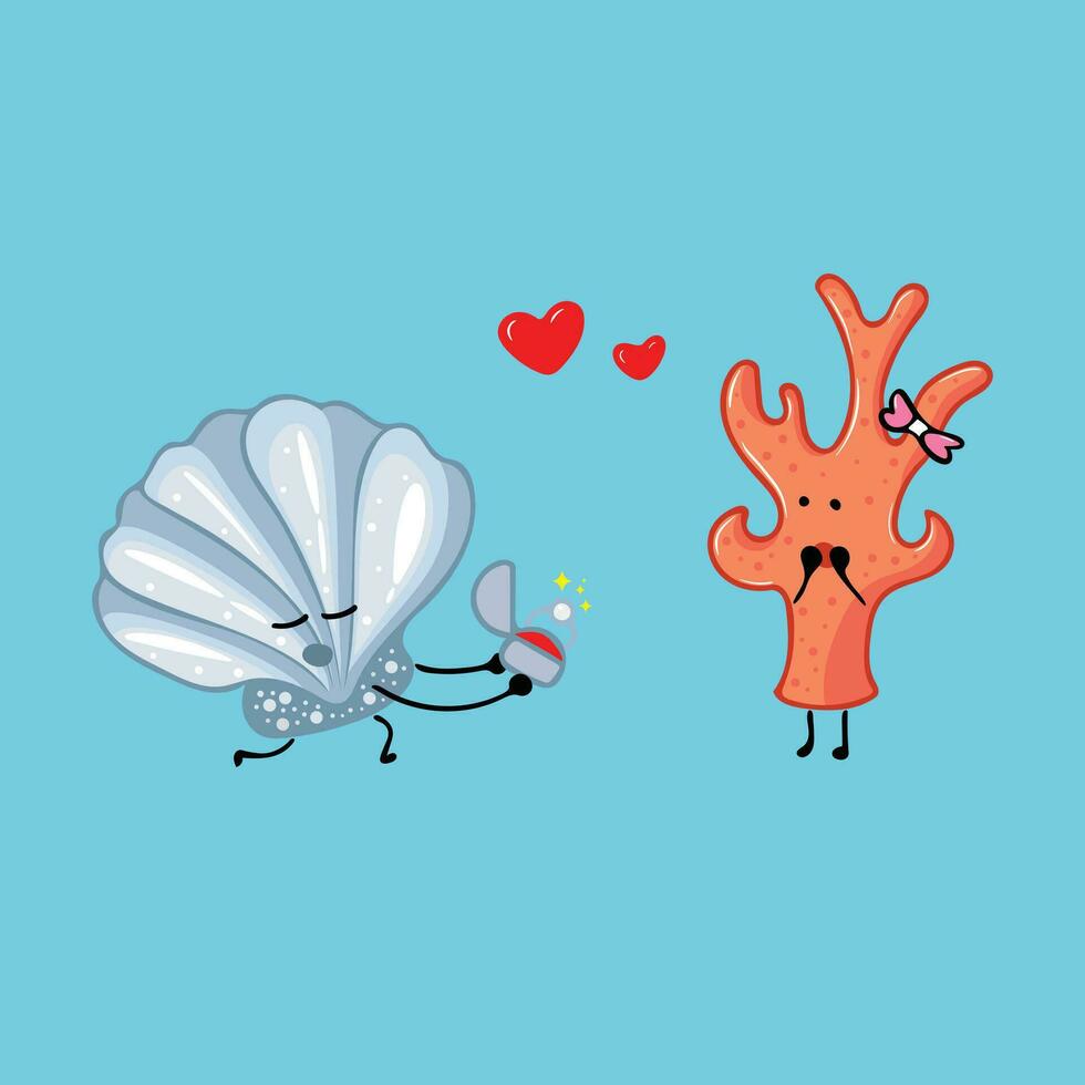 mignonne huître donne corail une perle bague mascotte personnage vecteur illustration Couleur les enfants dessin animé clipart