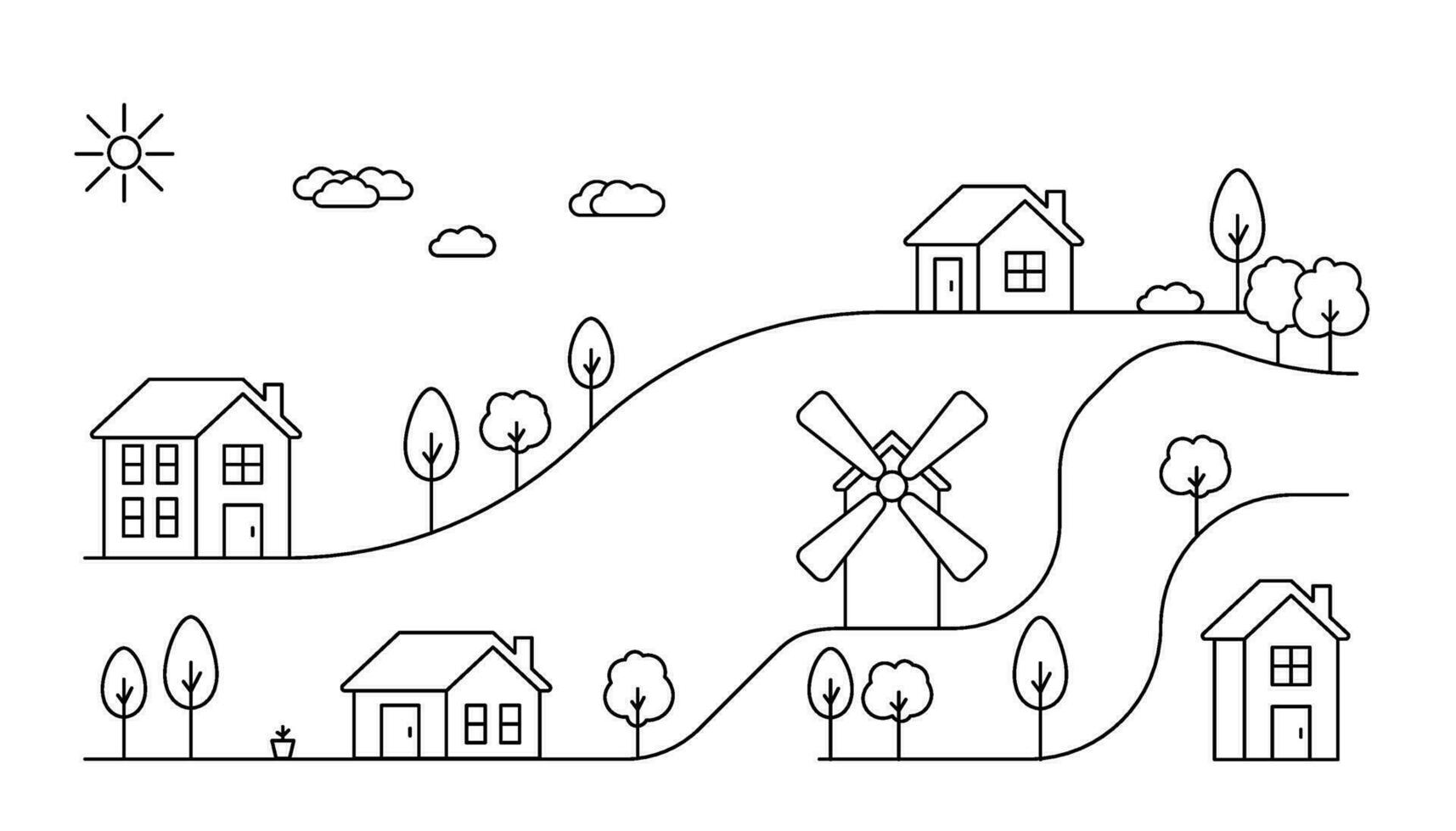 Maisons et moulin dans village sur colline, ligne art. paysage et Résidentiel bâtiment. extérieur Accueil dans pays paysage. vecteur contour illustration