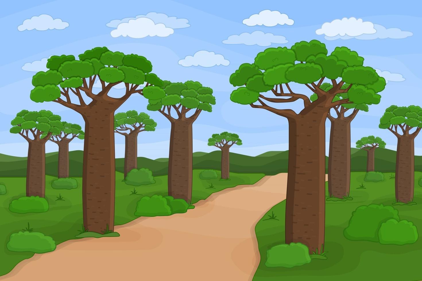 vecteur contour africain madagascar baobab rue doodle dessin animé paysage dessiné à la main illustration des arbres ciel route plantes africaines buissons nuages herbe