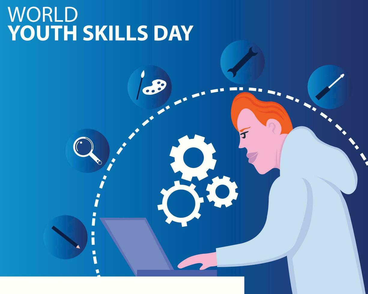 illustration vecteur graphique de une homme en utilisant une ordinateur portable, montrant nombreuses Icônes de différent outils, parfait pour international jour, monde jeunesse compétences jour, célébrer, salutation carte, etc.