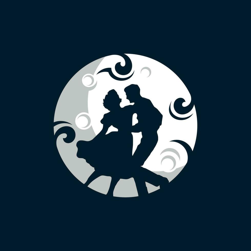 dansant magnifique Jeune couple logo conception, vecteur illustration couple dans de face de le lune.