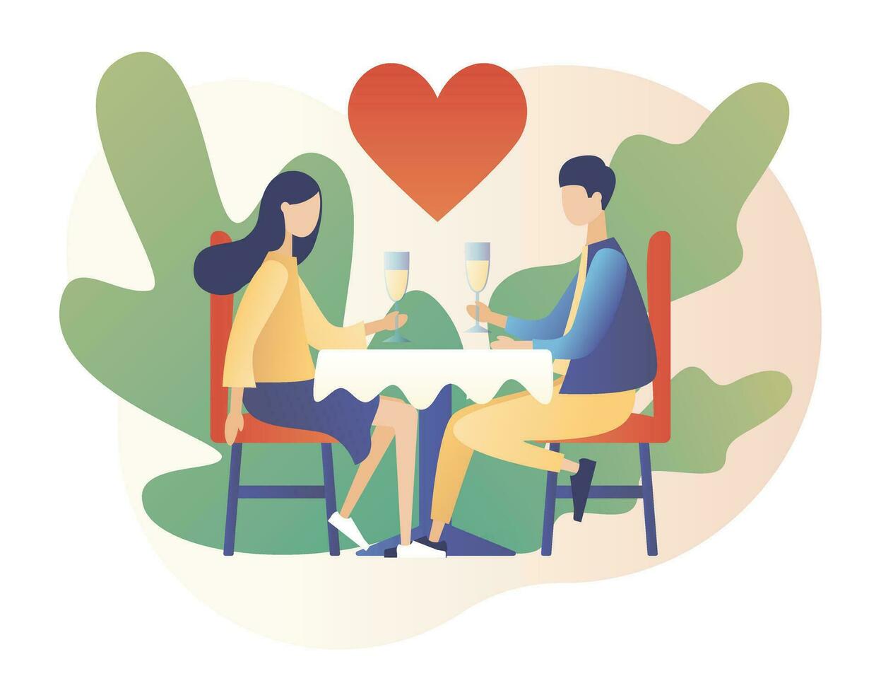 aimant couple dépenses temps ou relaxant ensemble. romantique dîner dans restaurant. romantique Date concept. personnages Valentin journée. moderne plat dessin animé style. vecteur illustration sur blanc Contexte