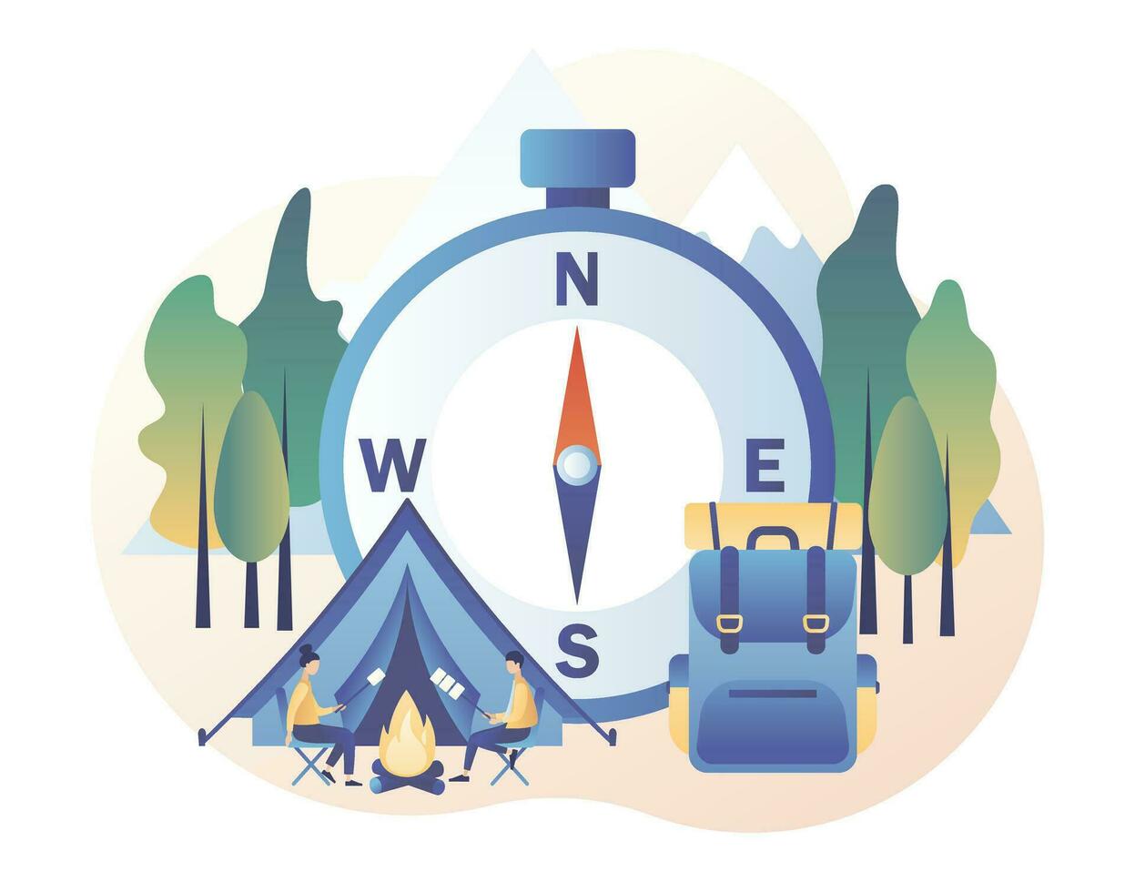 camping concept. minuscule gens dans été camp avec gros boussole, Voyage sac à dos, tente, feu de camp, montagnes et forêt. la nature tourisme. moderne plat dessin animé style. vecteur illustration sur blanc Contexte