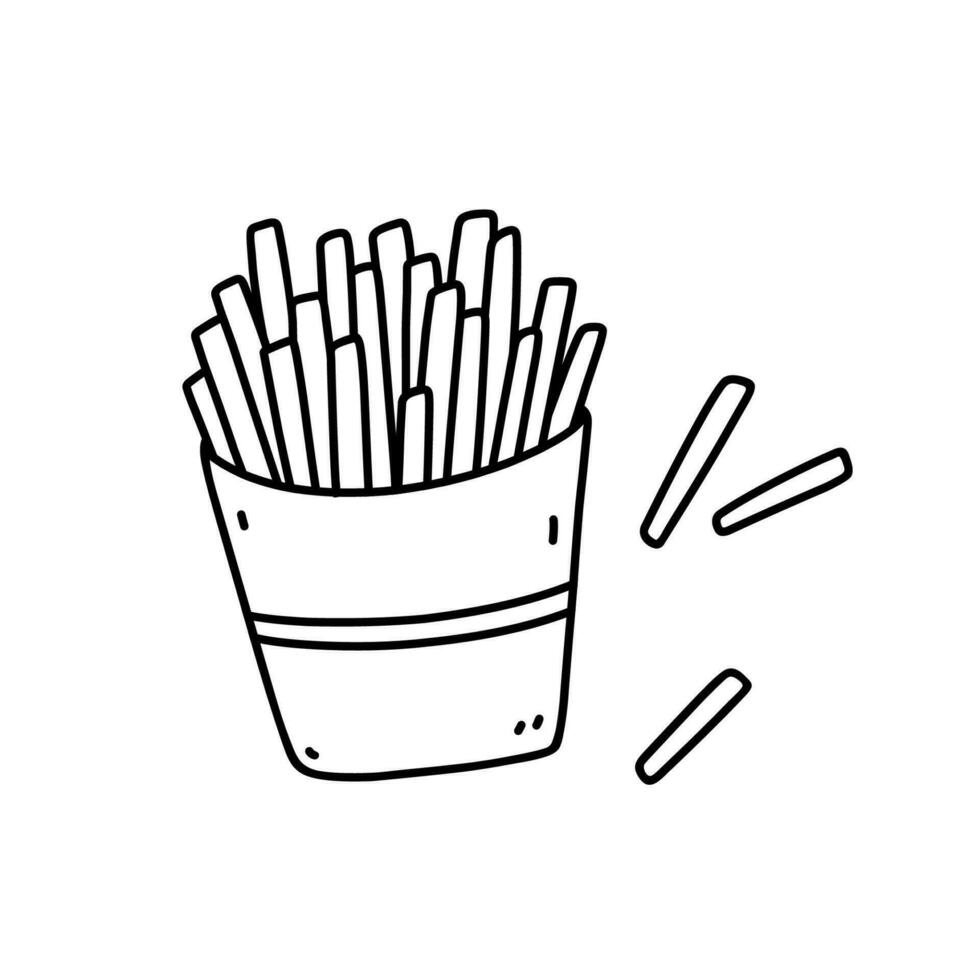 français frites dans une papier boîte isolé sur blanc Contexte. vite aliments. vecteur dessiné à la main illustration dans griffonnage style. parfait pour divers conceptions, cartes, logo, menu.