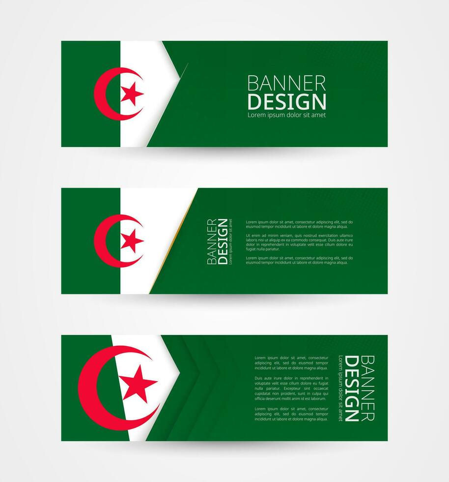 ensemble de Trois horizontal bannières avec drapeau de Algérie. la toile bannière conception modèle dans Couleur de Algérie drapeau. vecteur