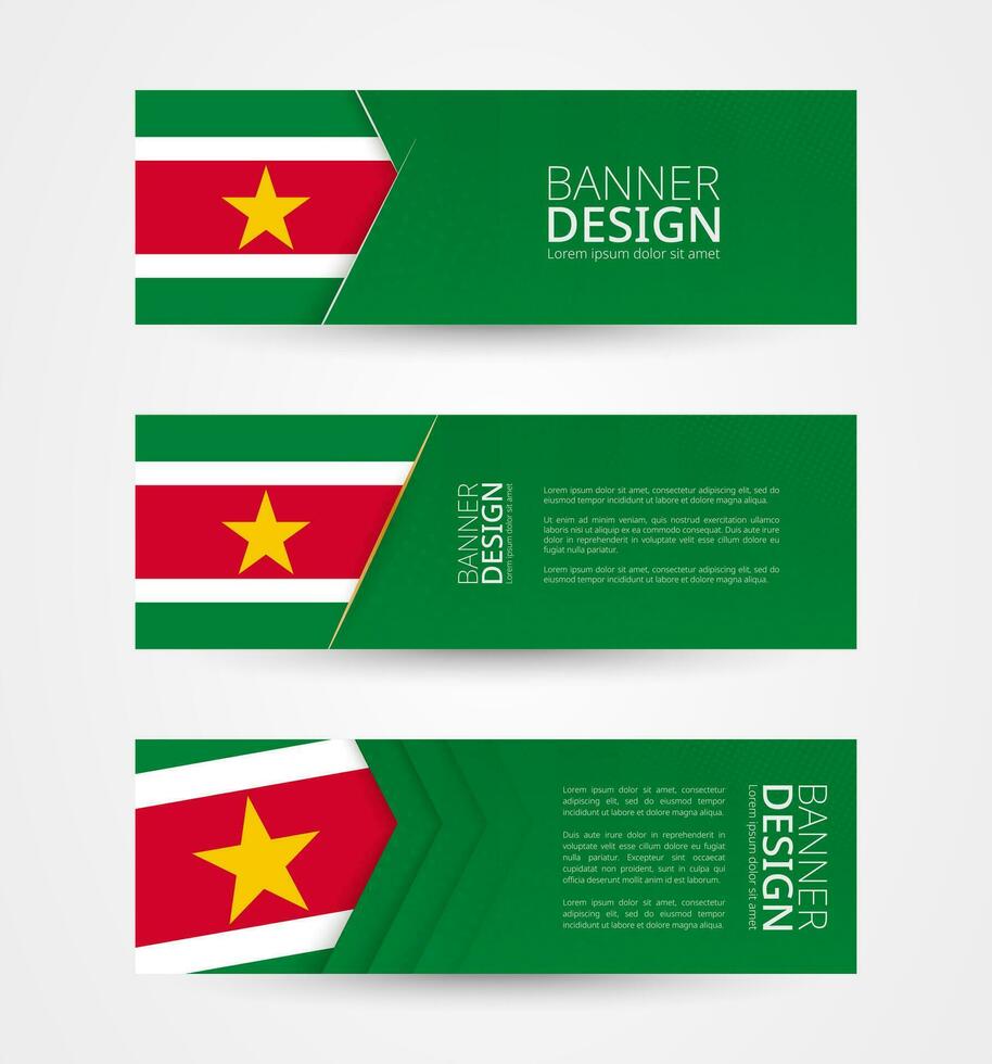 ensemble de Trois horizontal bannières avec drapeau de surinam. la toile bannière conception modèle dans Couleur de suriname drapeau. vecteur