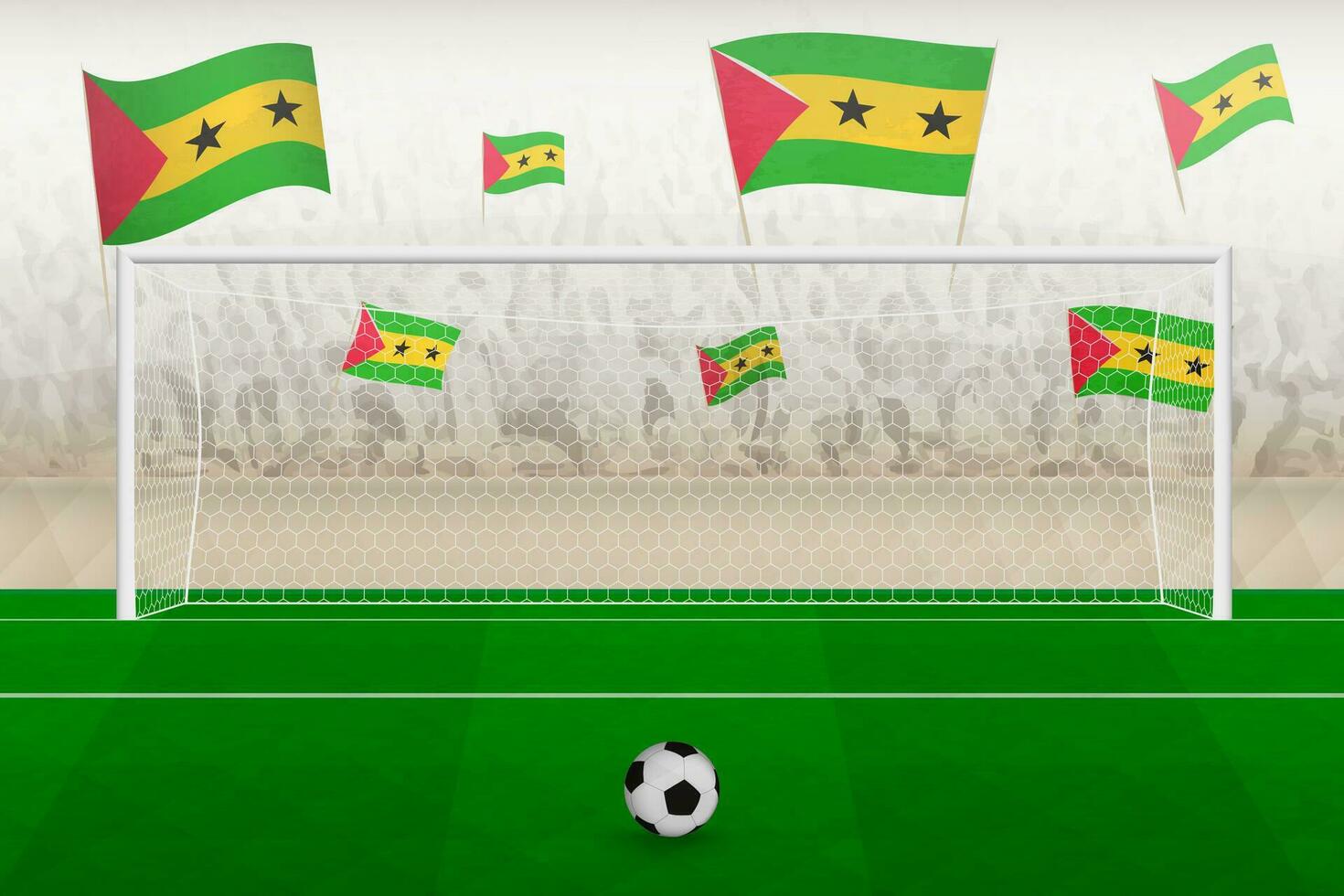 sao tome et principe Football équipe Ventilateurs avec drapeaux de sao tome et principe applaudissement sur stade, peine donner un coup concept dans une football correspondre. vecteur