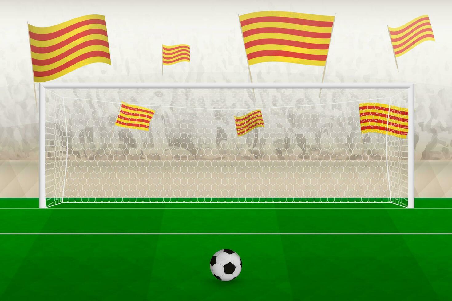 Catalogne Football équipe Ventilateurs avec drapeaux de Catalogne applaudissement sur stade, peine donner un coup concept dans une football correspondre. vecteur