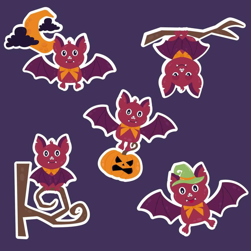 Halloween autocollants personnage chauve souris. chauve souris dans différent pose vecteur