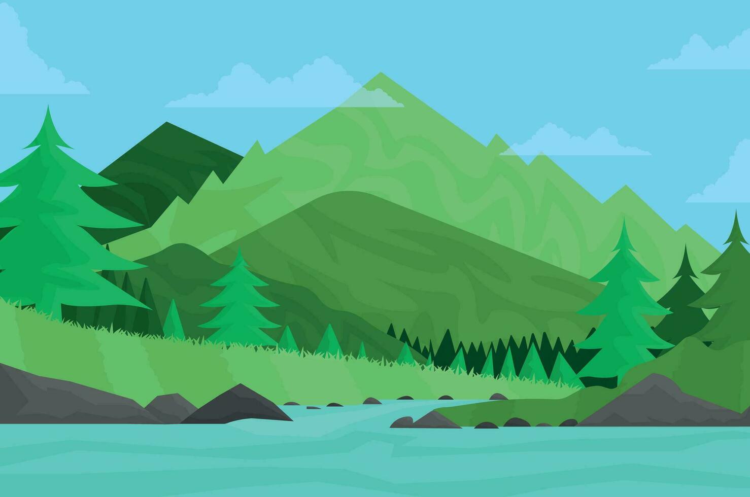 dessin animé paysage Contexte. montagnes, vert prairie, forêt, lac. vecteur illustration