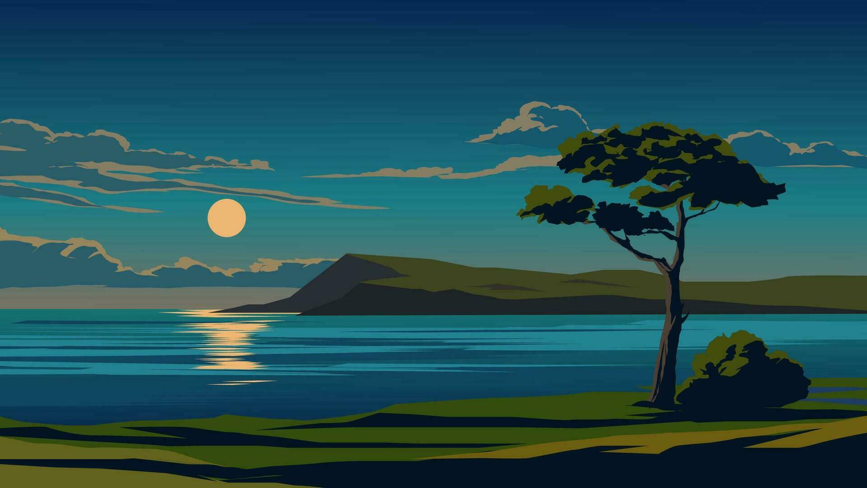 magnifique calme nuit paysage à plage avec clair de lune vecteur