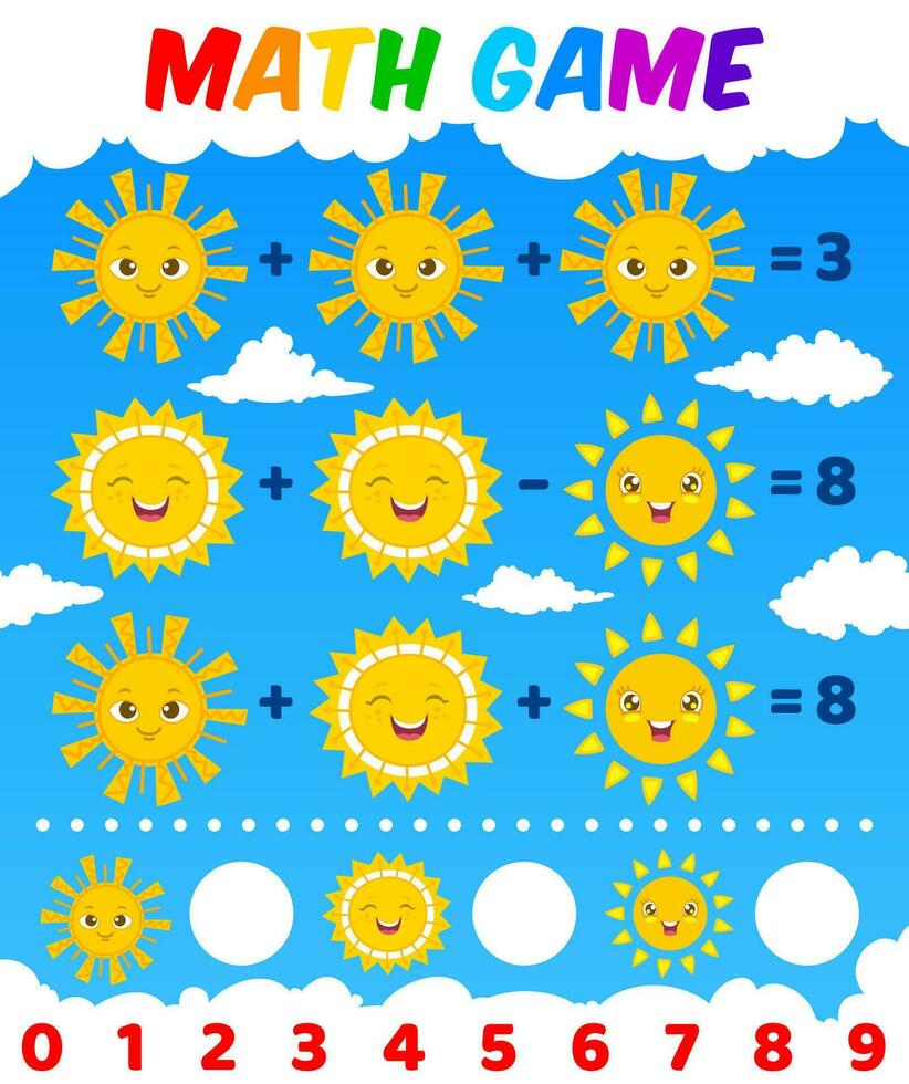 feuille de calcul de jeu de mathématiques avec des personnages de dessin animé du soleil vecteur