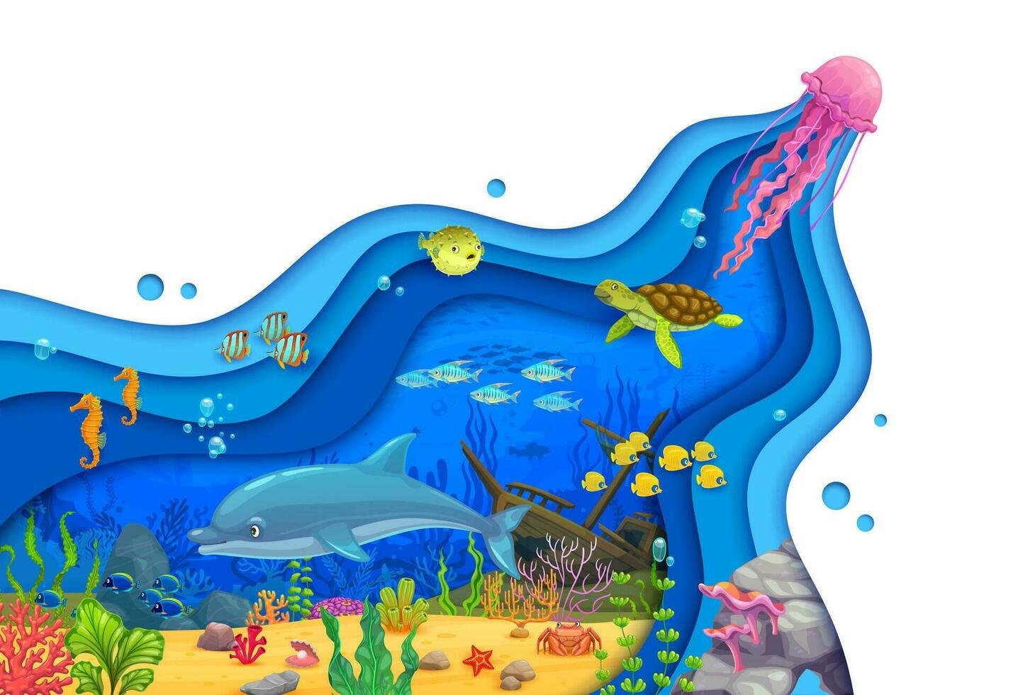 dessin animé sous-marin mer papier Couper 3d paysage vecteur