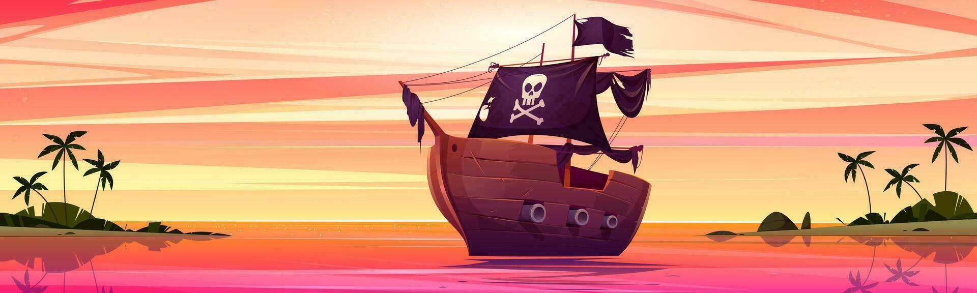 pirate navire près mer île plage le coucher du soleil dessin animé vecteur