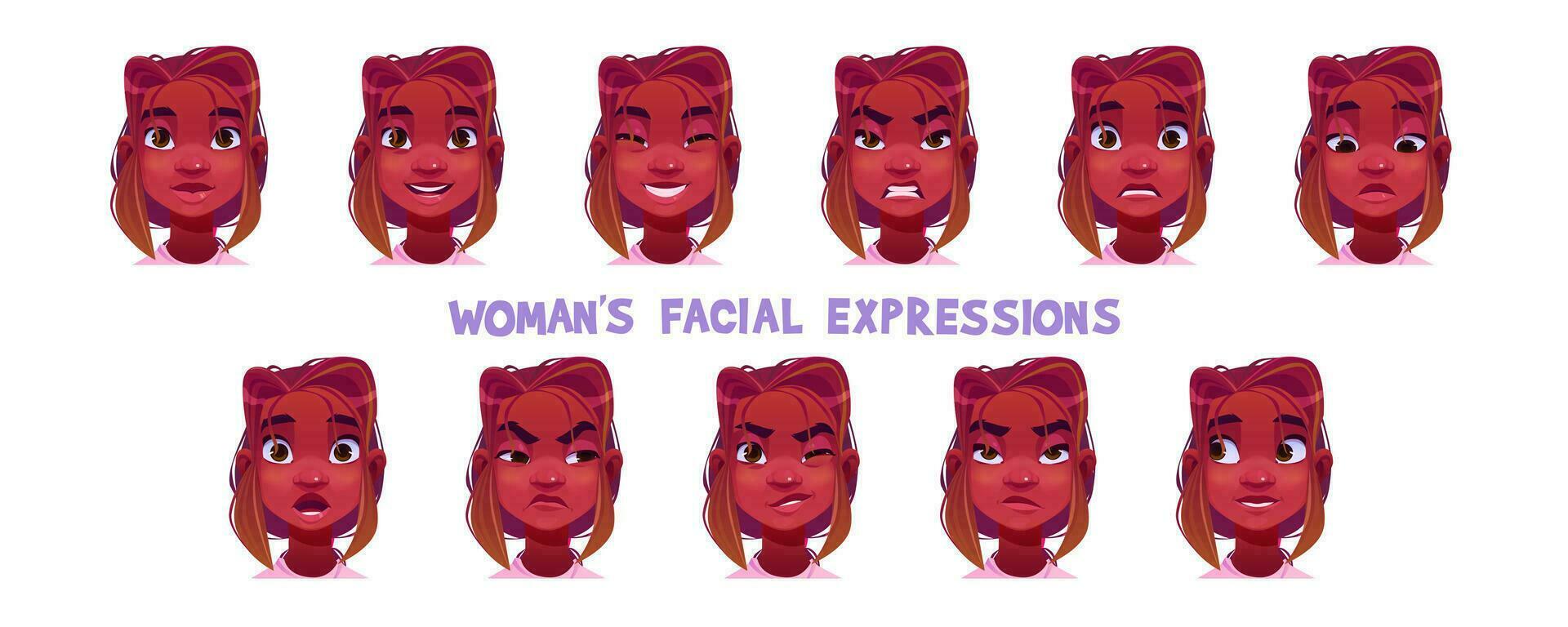 noir femme visage expression dessin animé vecteur ensemble