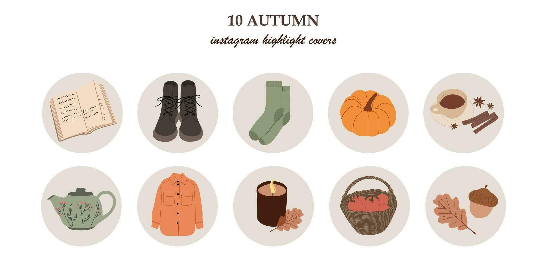 collection de l'automne surligner couvertures, Icônes et badges pour social médias. pomper, thé, livre, bougie, l'automne vêtements. confortable maison. hygge conception. isolé vecteur ensemble