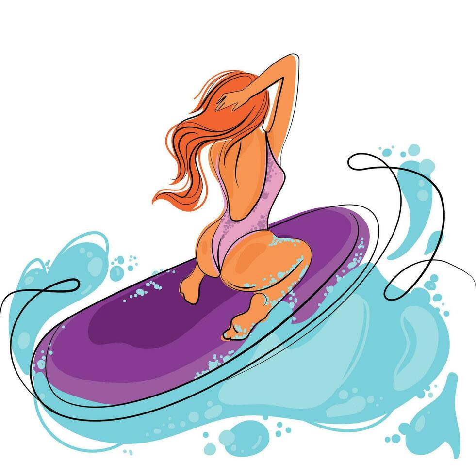 fille surfeur sur le planche, vecteur ligne art minimaliste illustration.pretty femme dans une maillot de bain et avec longue cheveux est assis sur une planche de surf entouré par mer vagues.eau sports.été vacances affiche