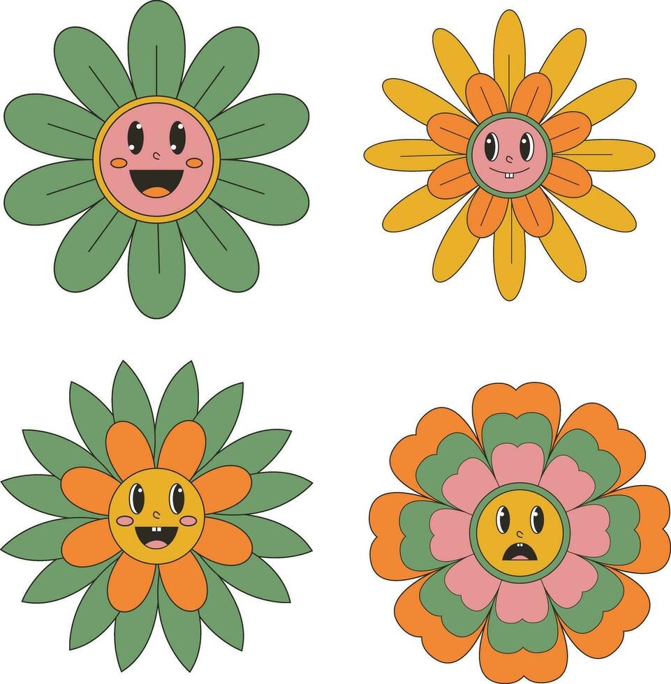 sensationnel fleur rétro. marrant content Marguerite avec yeux et sourire. autocollant pack dans branché rétro trippant style. illustration vecteur