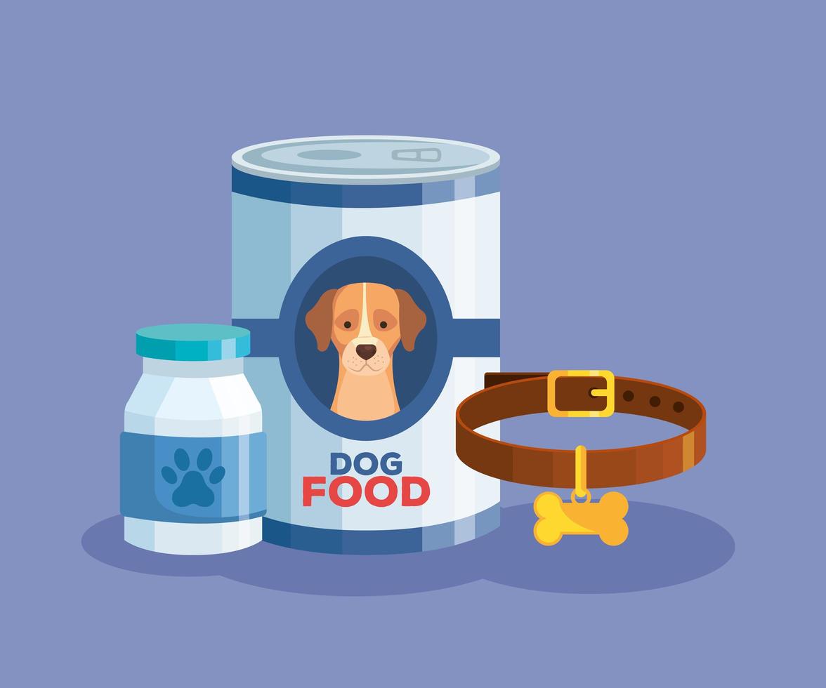 nourriture d'animal de chien en boîte et icônes vecteur
