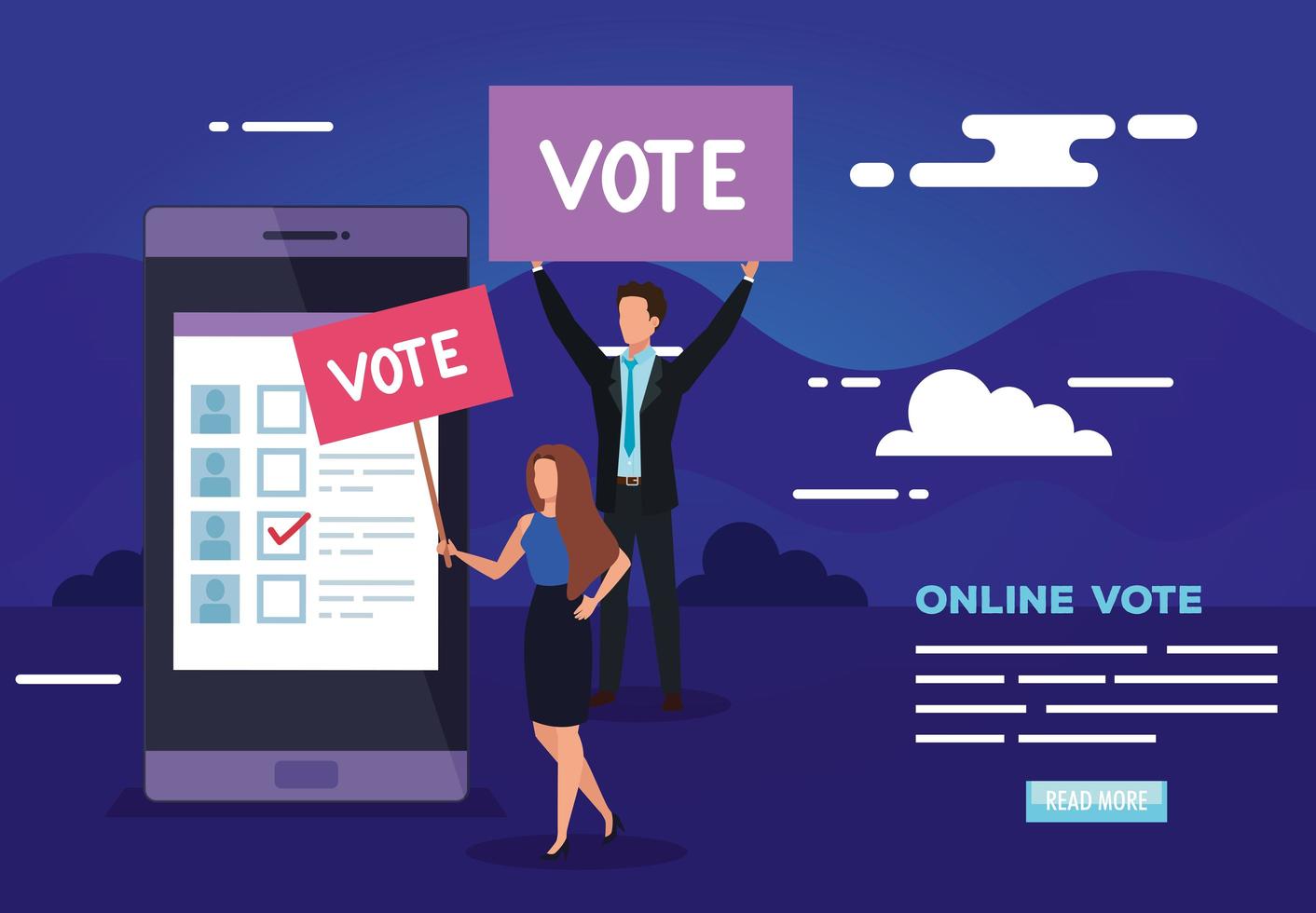 affiche de vote en ligne avec smartphone et hommes d'affaires vecteur