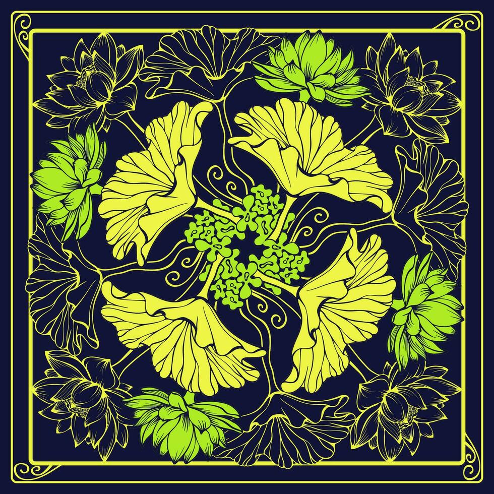 botanique carré modèle avec lotus et feuilles. floral bandana. vecteur. vecteur
