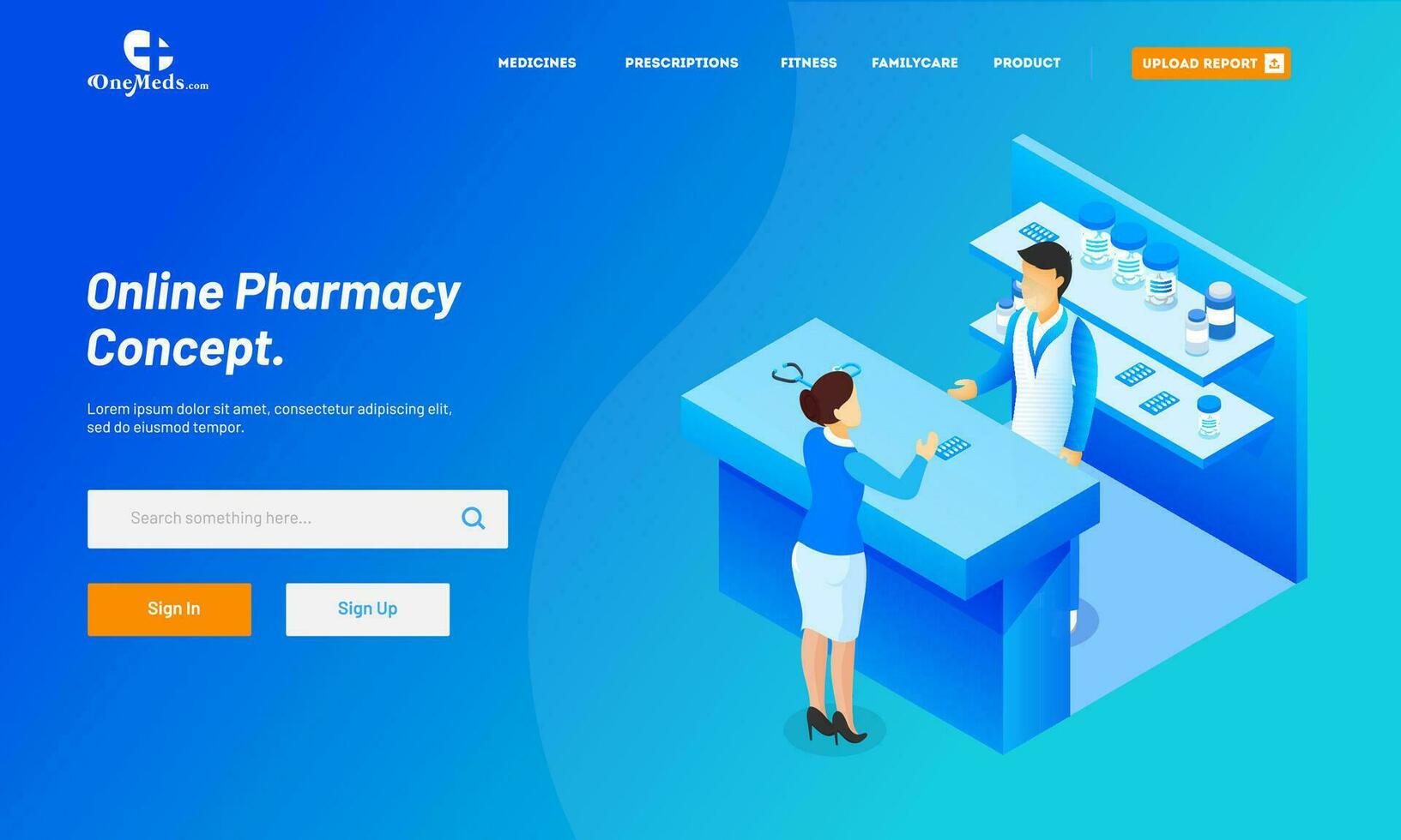en ligne pharmacie atterrissage page ou héros image dans bleu couleur, isométrique vue de médical magasin. vecteur