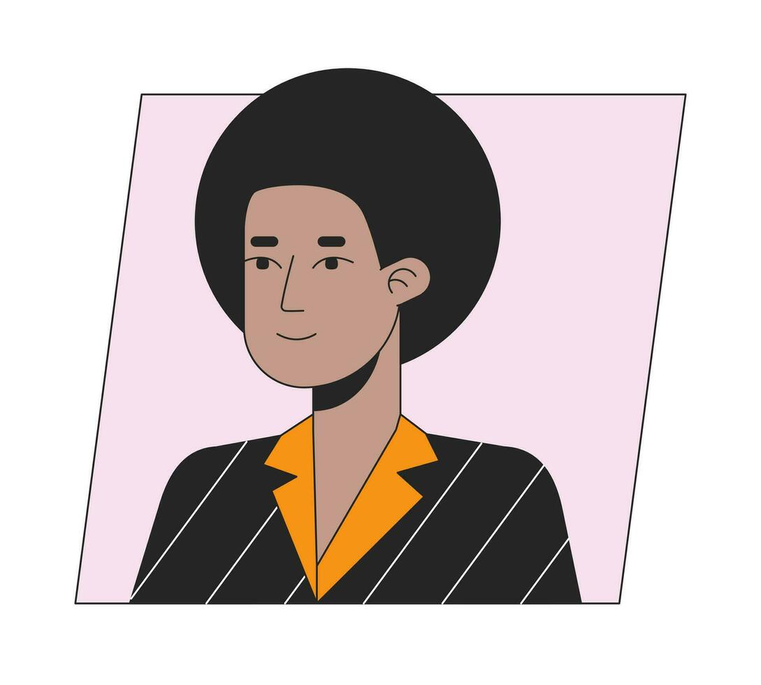 de bonne humeur africain américain homme avec frisé cheveux plat Couleur dessin animé avatar icône. modifiable 2d utilisateur portrait linéaire illustration. isolé vecteur visage profil clipart. pic d'utilisateur, la personne tête et épaules