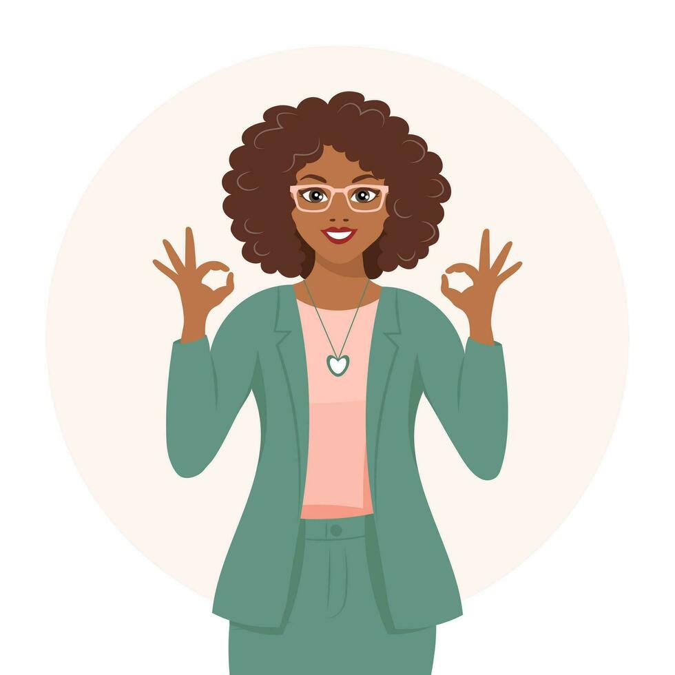 noir africain américain femme avec joyeux expression spectacles main geste d'accord. Humain émotions. plat style illustration, vecteur