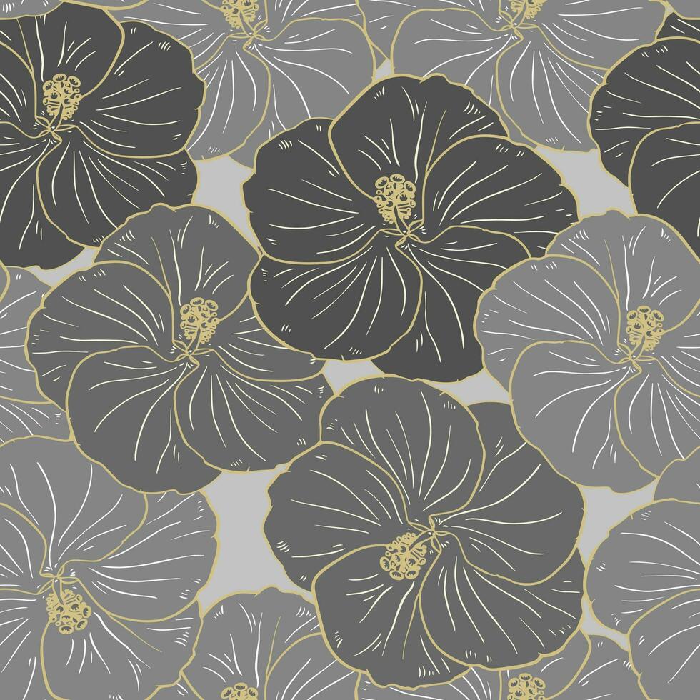 modèle sans couture, gros plan de fleurs d'hibiscus gris-or. fond vintage, impression, textile, vecteur