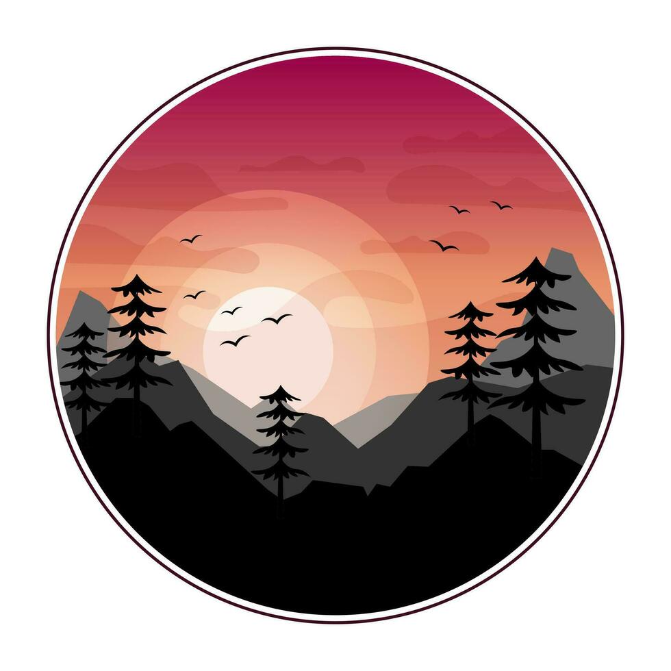 paysage de montagne, montagnes, sapins, arbres sur fond de coucher de soleil. impression, clipart, illustration vecteur