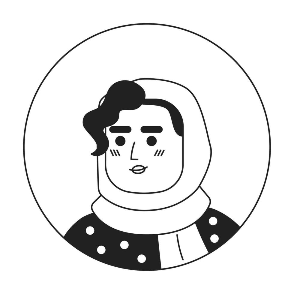 jolie femme dans hijab avec frisé frange monochrome plat linéaire personnage diriger. content dame. modifiable contour main tiré Humain visage icône. 2d dessin animé place vecteur avatar illustration pour animation