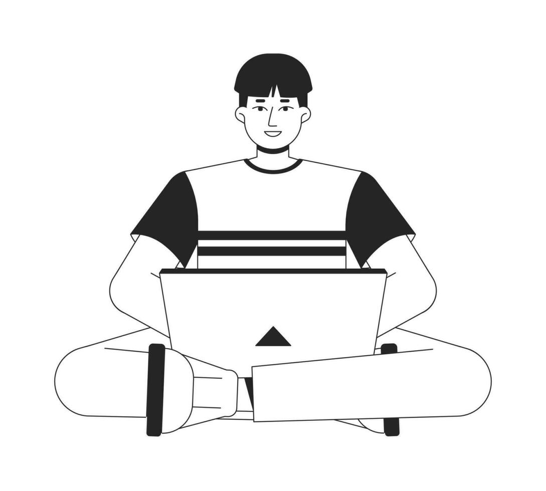 asiatique homme avec carnet plat ligne noir blanc vecteur personnage. modifiable contour plein corps programmeur avec portable. Facile dessin animé isolé place illustration pour la toile graphique conception