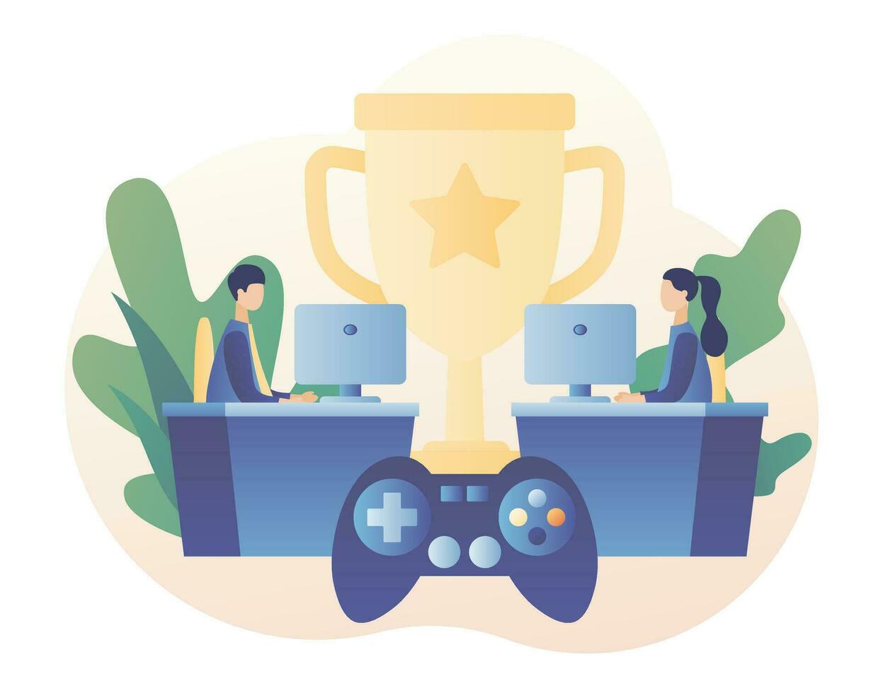 cybersport concept. professionnel les joueurs à vidéo Jeu en ligne tournoi en compétition pour trophée. e-sport. moderne plat dessin animé style. vecteur illustration sur blanc Contexte