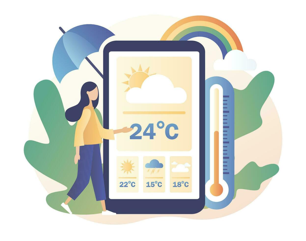 minuscule fille en train de regarder le temps prévoir dans téléphone intelligent application. temps prévoir en ligne. soleil, des nuages, vent, orage, pluie. météorologie science. moderne plat dessin animé style. vecteur illustration