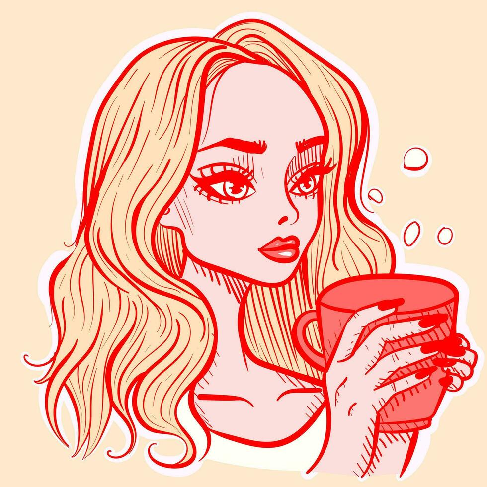 illustration de une blond femme en portant une tasse. vecteur de une fille en buvant une tasse de bulle thé.