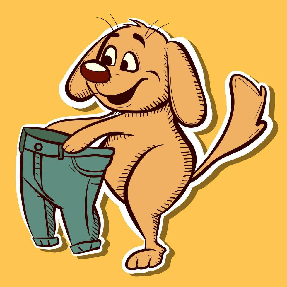 numérique illustration de une Jaune chien en mettant sur une paire de pantalon. vecteur de une content d'or retriever dessin animé portant bleu jeans