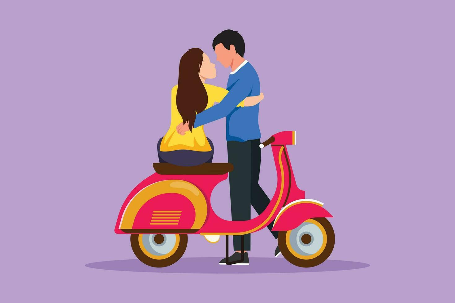 dessin animé plat style dessin content homme et femme embrasser chaque autre sur moto. scooter, voyage, couple, aventure, balade concept. famille couple Voyage par scooter. graphique conception vecteur illustration